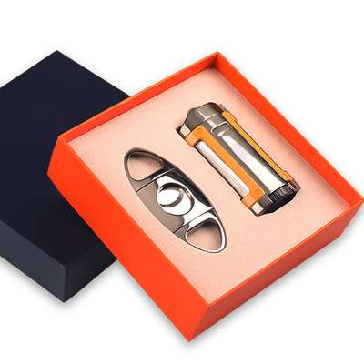 Genesis Windproof  & Adjustable Cigar Lighter with Cutter Gift Set (4 Flames)